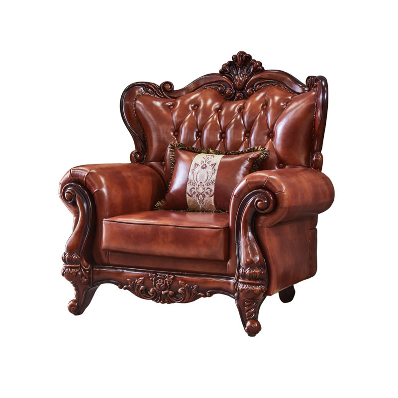 FURNITURE LEISURE INC. European Style Leather Chair American Carved Chair 49.2 Wide Tufted Genuine Leather Armchair Wayfair